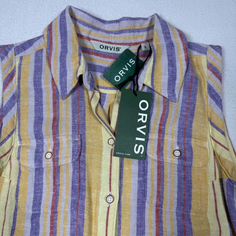 Orvis Womens Linen Blend Sleeveless Striped Shirt Yellow Purple OutSmart Fresh S - Picture 2 of 7